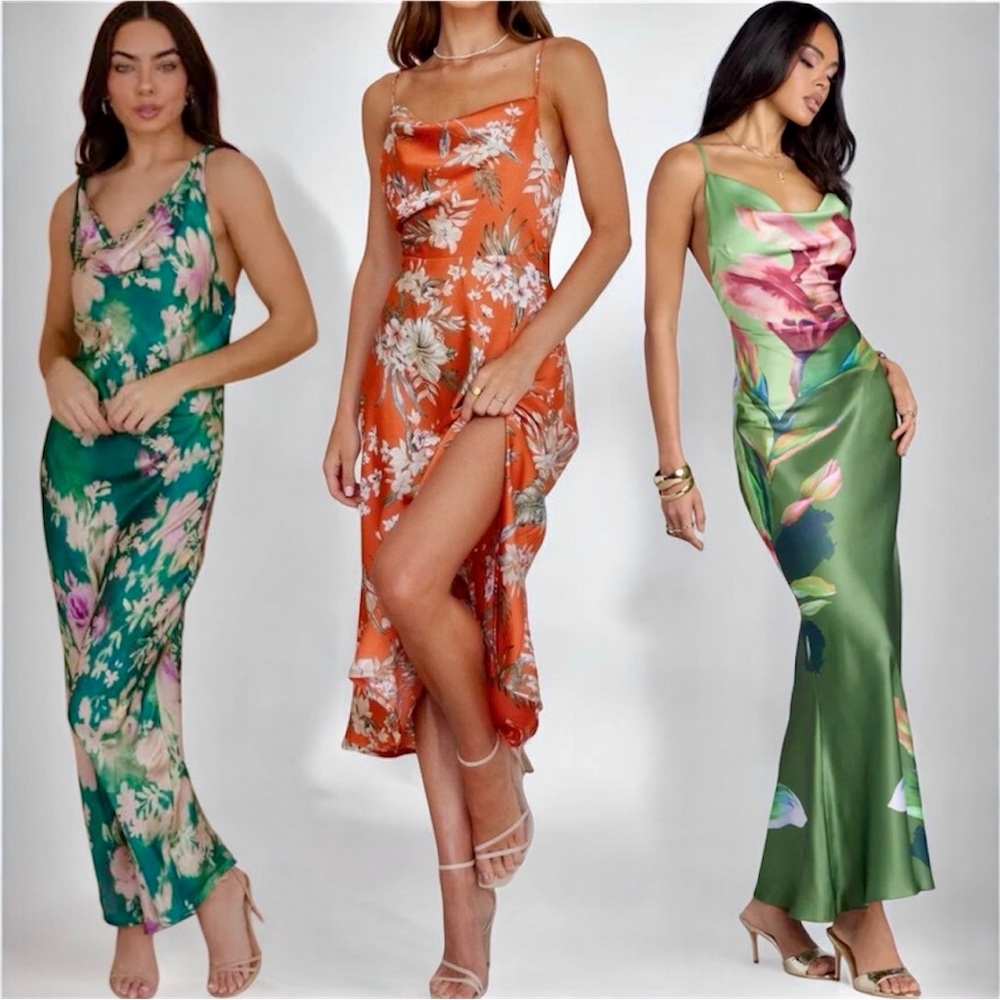 Paper Heart-Floral Satin Maxi Dress/Cowl Neck, Island Goddess Vibes, Size L 🍂🍃🍂